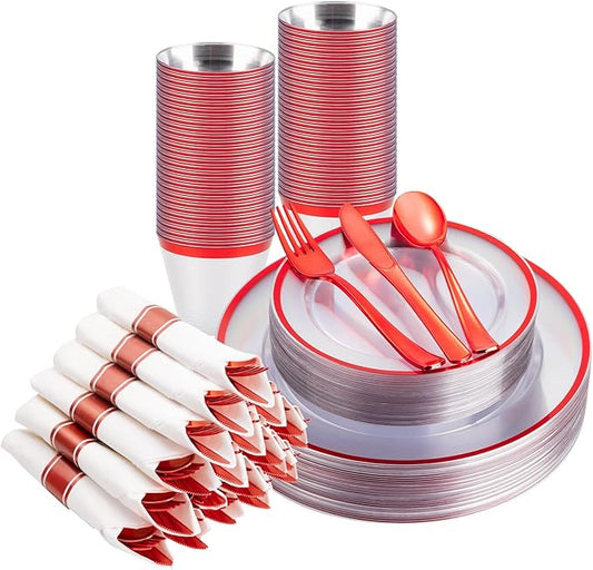 BESTSTAR 175PCS Clear and Red Disposable Plates Set for 25 Guests, 50 Plastic Plates, 25 Cups, 25 Pre-Rolled Napkins with Plastic Cutlery for Party, Birthday, Thanksgiving, Halloween, Christmas