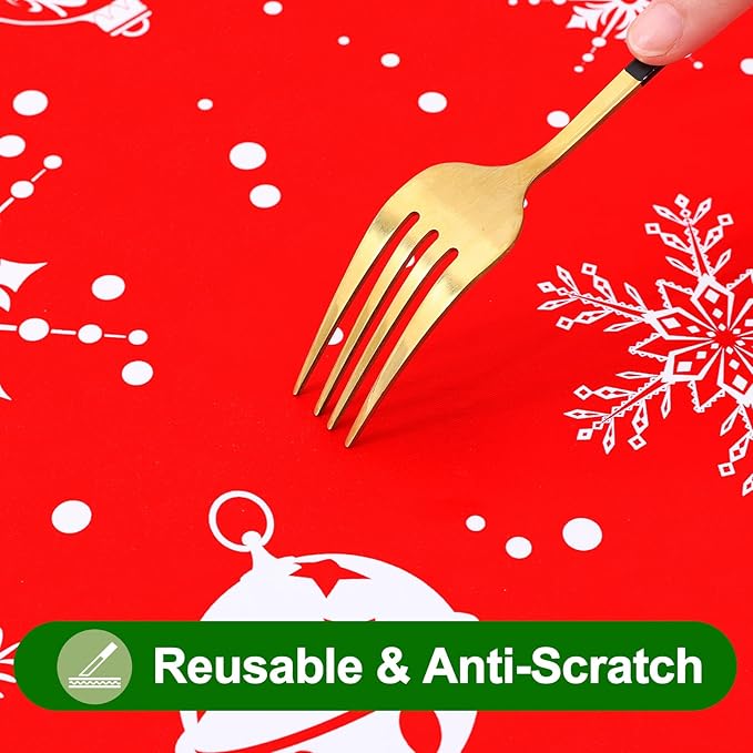 Smiry Plastic Christmas Tablecloth, Snowflake Wipeable Flannel Backed Vinyl Tablecloth, Waterproof Elastic Fitted Table Cover for Christmas Dinner, and New Year Celebration (White & Red, 30x48 Inches)