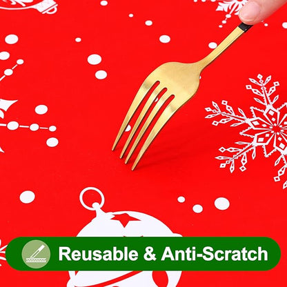 Smiry Plastic Christmas Tablecloth, Snowflake Wipeable Flannel Backed Vinyl Tablecloth, Waterproof Elastic Fitted Table Cover for Christmas Dinner, and New Year Celebration (White & Red, 30x96 Inches)