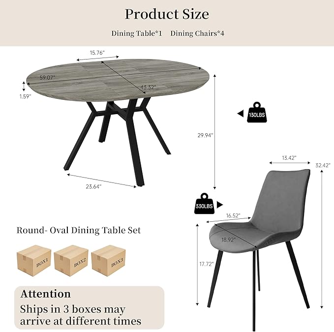 Extendable Round Dining Table Set for 4-6 People, 43.3"-59.1" Extendable Kitchen Table with 4 Upholstered Chairs, Space Saving for Kitchen Dining Room (Grey Table+4 Grey Chairs)