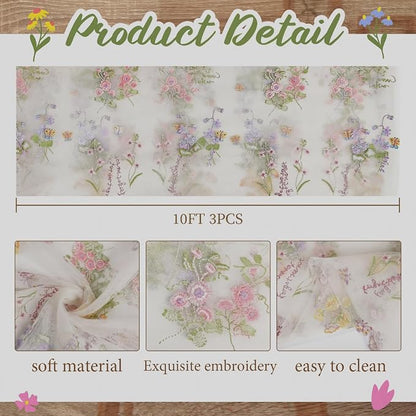 Ivory White Floral Table Runner 10ft Embroidery Tulle Spring Wildflower Table - Image 2
