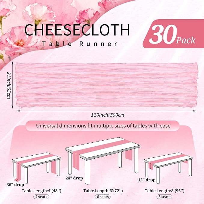 30 Pack Cheesecloth Table Runner 10FT Light Pink Table Runner Boho Gauze Cheese - Image 2