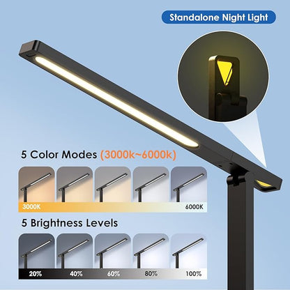 Infiway Desk Lamp with USB Charging Port: LED Stepless Dimmable Eye Caring Desk Light for Home Office - 1 Type-C, 1 USB-A Charging Port, 2 AC Power Outlets, Multiple Light Modes for Study and Bedroom