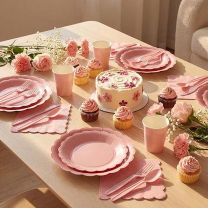 Yaomiao 168 Pcs Dusty Pink Dinnerware Sets Blush Pink Plates Round Disposable - Image 4