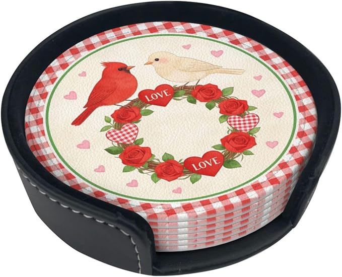 Love Rose with Birds Leather Coasters Set of 6 with Holders by Nameapo