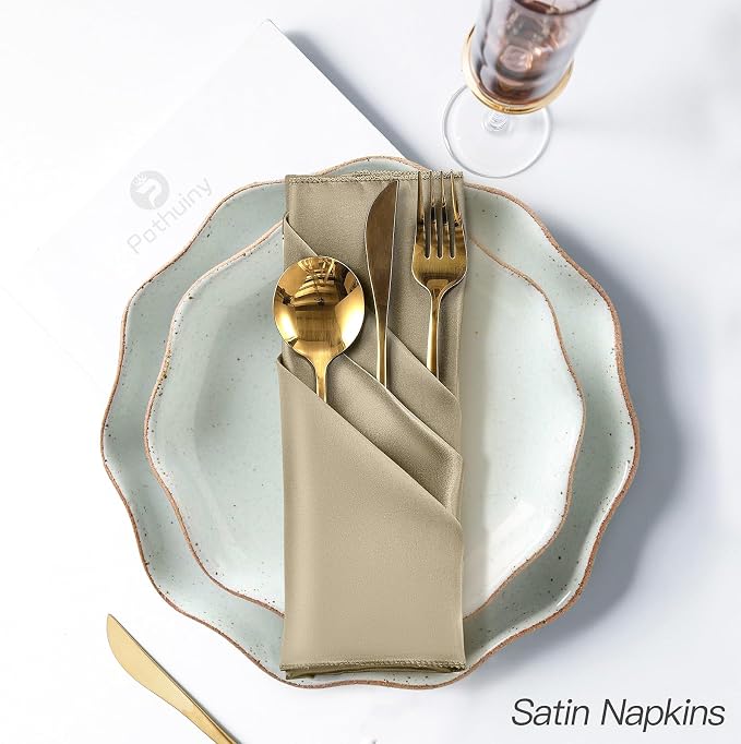 P Pothuiny 24 Pcs Beige Satin Napkins 17 x 17 Inch, Satin Cloth Napkins | - Image 5