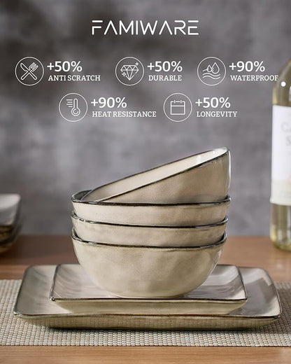 Famiware Dinnerware Sets for 4, Ocean Square 12-Piece Kitchen Plates and Bowls Sets, Microwave and Dishwasher Safe, Scratch Resistant, Light khaki