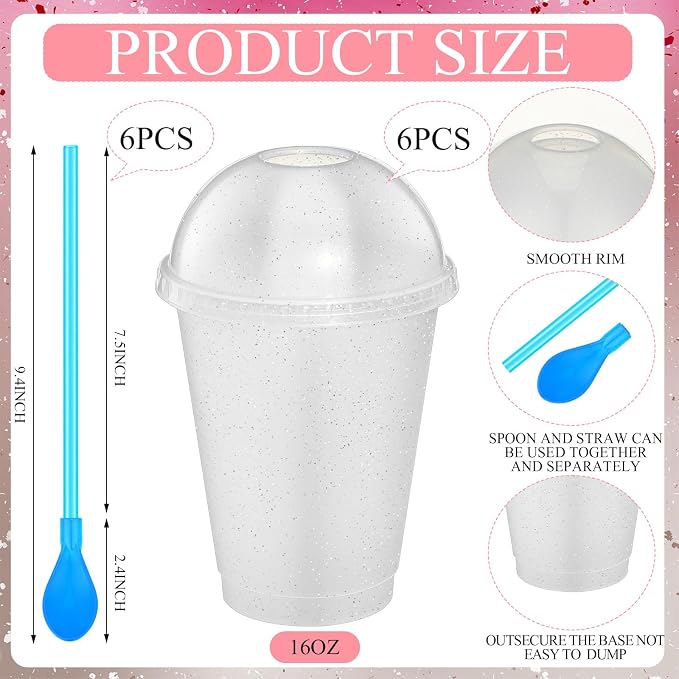 6 Set Slushie Cups with Dome Lids and Straws Detachable Spoon Straws Reusable - Image 2