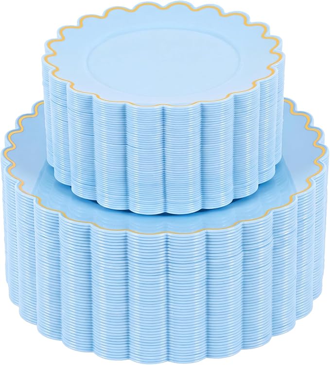 LIYH 100 Pcs Baby Blue Plastic Plates, Wide Gold Scalloped Edge by LIYHLoveinyourheart