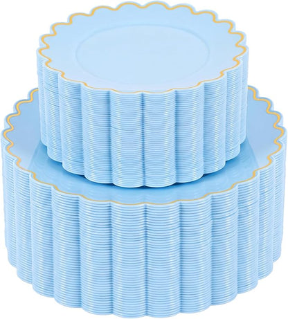 LIYH 100 Pcs Baby Blue Plastic Plates, Wide Gold Scalloped Edge by LIYHLoveinyourheart