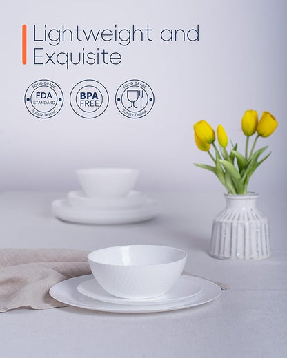 Dinnerware Sets for 4, Light & Durable 12 Pieces Opal Glass Plates and Bowls Set, Dishwasher and Microwave Safe Dish Dinning Ware, Thin but Strong Geometric Faceted White