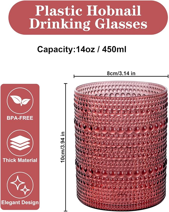 18PCS Hobnail Plastic Drinking Glasses 14 oz Burgundy Cups - Image 2