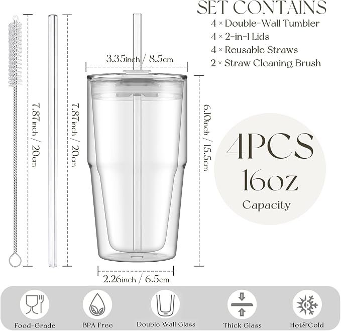 KEMORELA Set of 4 Double-Walled Glass Cups, 16 oz / 480 ml Insulated Tumblers - Image 2