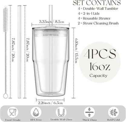 KEMORELA Set of 4 Double-Walled Glass Cups, 16 oz / 480 ml Insulated Tumblers - Image 2