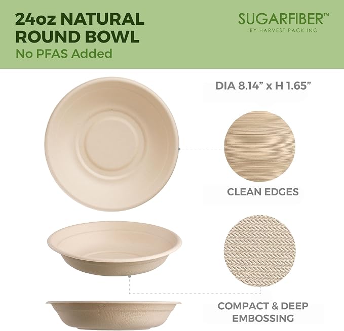 24oz Compostable Paper Bowls Disposable Round Natural Soup Bowls, Biodegradable - Image 2