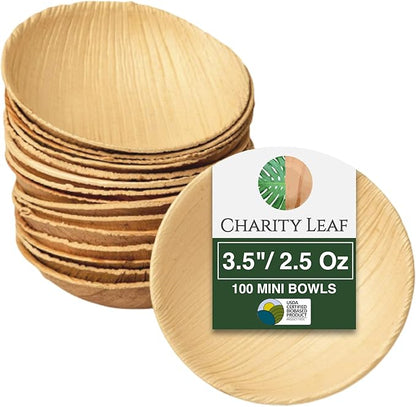 Charity Leaf Disposable Palm Leaf 3.5" Round Mini Bowl (100 pcs) Dipping Bowls | Bamboo Like| All Natural and Biodegradable | Charcuterie Boards, BBQs, and Parties