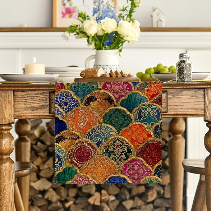 Artoid Mode Wave Shape Peacock Feather Lotus Paisley Table Runner, Seasonal - Image 2