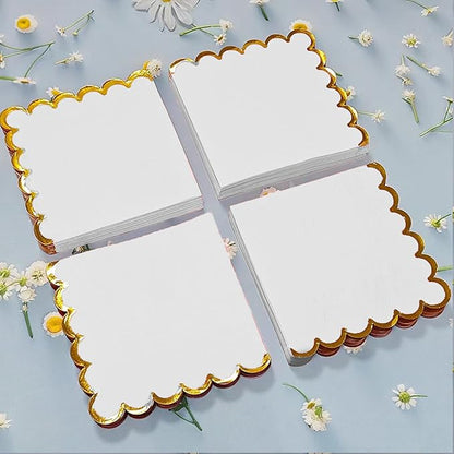 100 pack White Cocktail Napkins with Gold Foil Accents Scalloped Edges 5 x 5 inch Beverage Disposable Napkin Party Decoration Wedding Bridal and Baby Shower Dinner Lunch Supplies