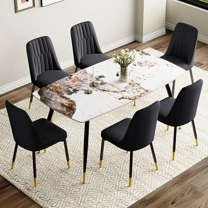 7 Piece Dining Table Set, Dinner Table Set for 6, Sintered Stone Kitchen Table Top and Modern Chairs Set of 6 for Kitchen Dining Room