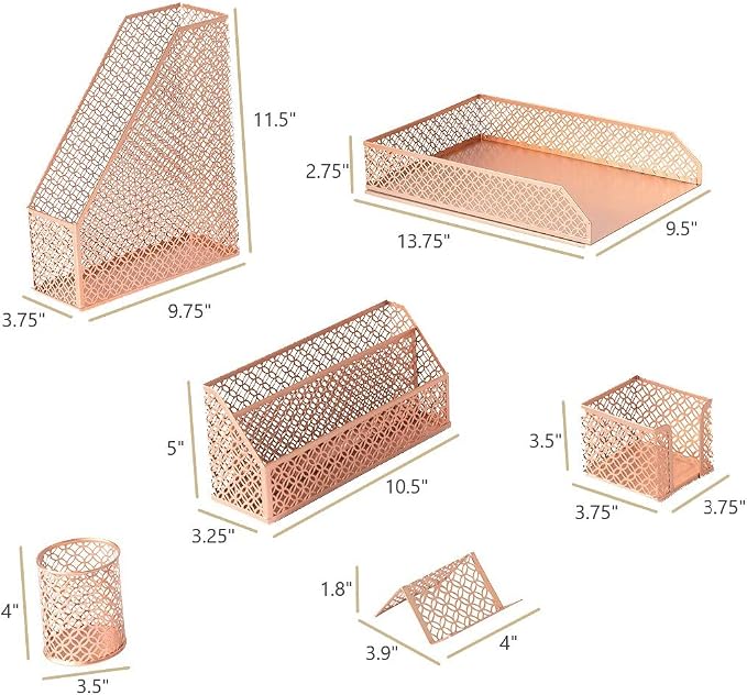 BLU MONACO | Rose Gold Desk Organizer Set | 6 Piece Metal Office Desk Organizer - Image 6