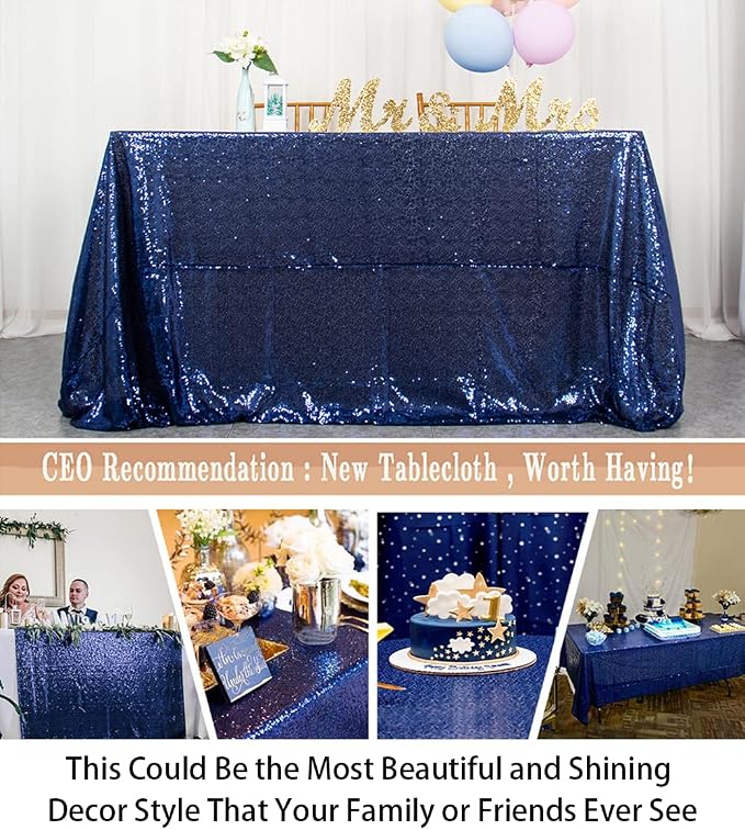 ShinyBeauty Sequin Tablecloth 60x102 Inches Navy Blue Cake Rectangle Tablecloth - Image 4
