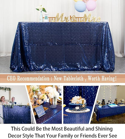 ShinyBeauty Sequin Tablecloth 60x102 Inches Navy Blue Cake Rectangle Tablecloth - Image 4