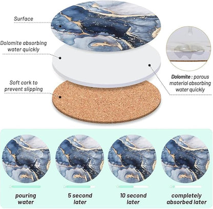 Ceramic Coasters Set of 6, Marble-Textured Design with Holder - Absorbent Cork-Backed Coasters for Cups, Bar & Coffee Table Decor Accessories (Dark Blue Marble, 6 Pack)