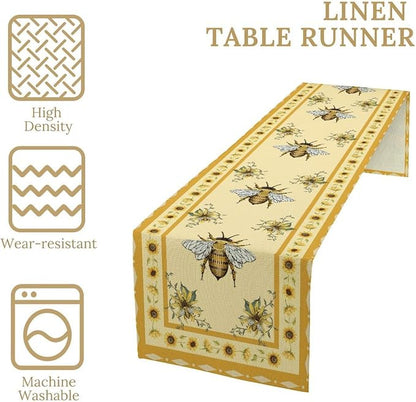 Honey Bee Table Runner, Farmhouse Yellow Sunflower Retro Summer Linen Tables - Image 3