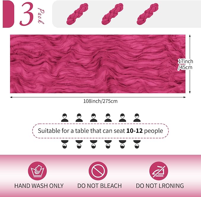 3 Pack Hot Pink Cheesecloth Table Runner 17x108 Inch Semi Sheer Boho Gauze - Image 2