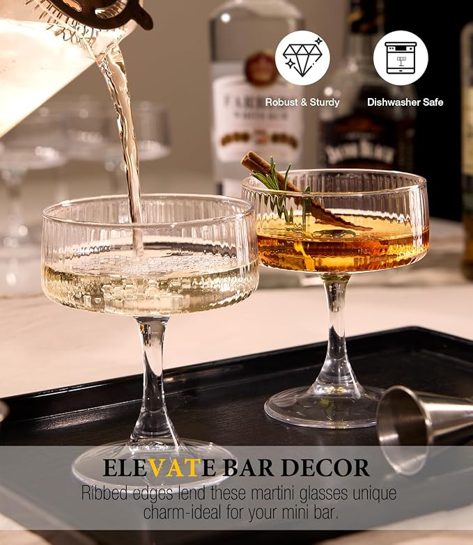 Coupe Glasses Set of 6, 10oz Ribbed Large Martini Glass - Image 3
