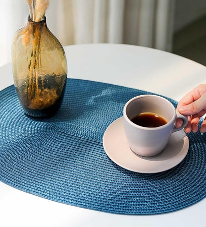FunWheat Oval Braided Placemats Set of 4 Table Mats for Dining Tables Washable Heat Resistant Place Mats for Indoor Outdoor Use 12 x18 Inch(Oval Blue, 4pcs)