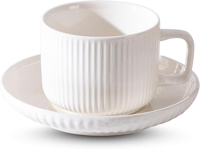 Ceramic Coffee Mug with Saucer, 8oz Glossy Porcelain Tea Cup Set, Modern by Unknown