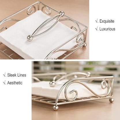 Napkin Holders for Table Metal Napkin Holder for Kitchen with Weight Arm Flat Napkin Dispenser Stainless Steel Lavish Home Hotel Decorative Holder Silver Chrome(7" L X 7" W X 2.5" H)