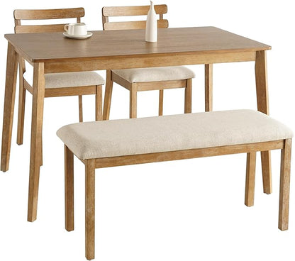 4-Piece Farmhouse Dining Set, Wooden Table with 2 Chairs, Bench Seat, Mid-Century Modern Wooden Table & Upholstered Chair Set for Home, Kitchen, Dining Room, Solidwood Legs