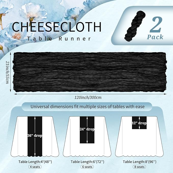 Showgeous 2 Pack Black Cheesecloth Table Runners Boho Wedding Decor | Rustic - Image 2