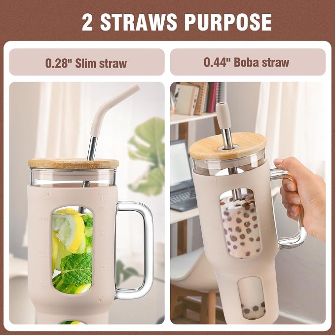 WINSA Glass Tumbler with Lid and Straw, 46 oz, Amber | Iced Coffee Cup with - Image 2