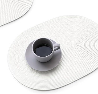 FunWheat Oval Braided Placemats Set of 8 Table Mats for Dining Tables Washable Heat Resistant Place Mats for Indoor Outdoor Use 12 x18 Inch(Oval White, 8pcs)