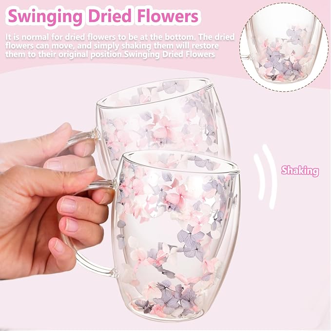 Gifts for Women Dried Flowers Double Wall Glass Coffee Mugs Cute Glass Tea Cups - Image 4