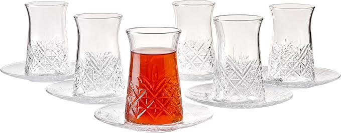 Pasabahce Crystal Turkish Tea Glasses and Saucers, 6 Cups and 6 Plates Perfect by Pasabahce
