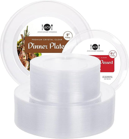 Aya's Cutlery Kingdom 100 Clear Plastic Plates for Party - Heavy Duty Disposable Set of 50 Dinner and 50 Dessert Plates - Elegant Plastic Disposable Plate for Weddings, Parties, and Special Events