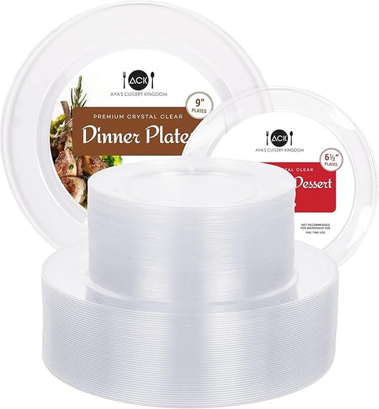 Aya's Cutlery Kingdom 100 Clear Plastic Plates for Party - Heavy Duty Disposable Set of 50 Dinner and 50 Dessert Plates - Elegant Plastic Disposable Plate for Weddings, Parties, and Special Events
