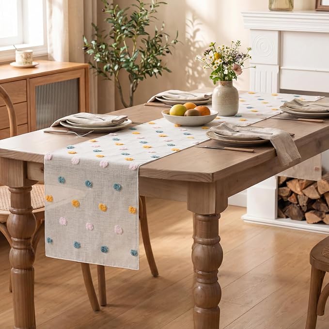 Artoid Mode Pink Blue Yellow Pom Pom Tulle Table Runner, Seasonal Washable - Image 5