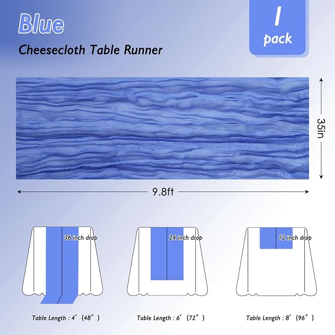3 Pack Blue Cheesecloth Table Runner 120 Inch Boho Wedding Decor | Cheesecloth - Image 2