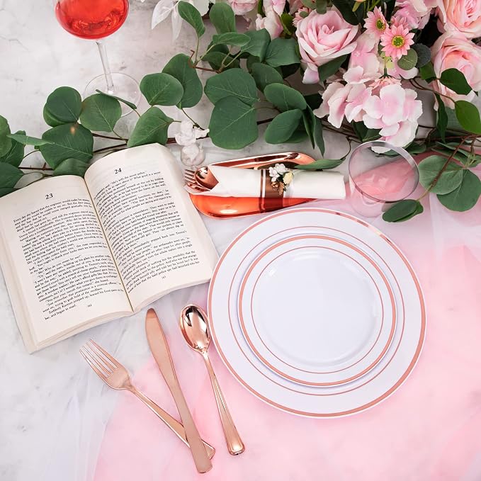 WELLIFE 350 Pieces Rose Gold Plastic Dinnerware, 50 Guests Disposable Plates - Image 5
