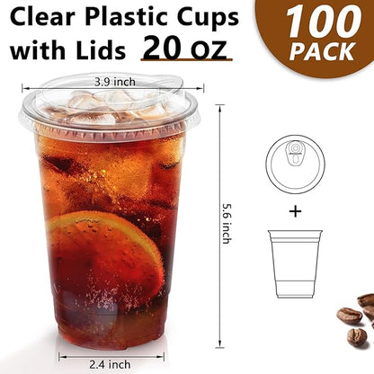 20 oz 100 Pack Clear Plastic Cups with Lids, Sturdy Iced Coffee Cups with Sip Lids, Disposable Food Safe Smoothie Cup for Cold Drinks, Juice, Milkshake