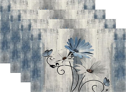 Floral Place mats Set of 4, 12x18 Inches Rustic Blue Daisy Flower Decorative Placemats Rectangle Summer Floral Table Mats for Party Home Kitchen Dining Table Decor