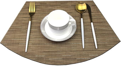 Wedge Shape Placemats for Round Dinner Table Woven Vinyl Wipe Clean Non Slip Plastic Table Mats Set of 4（Khaki）