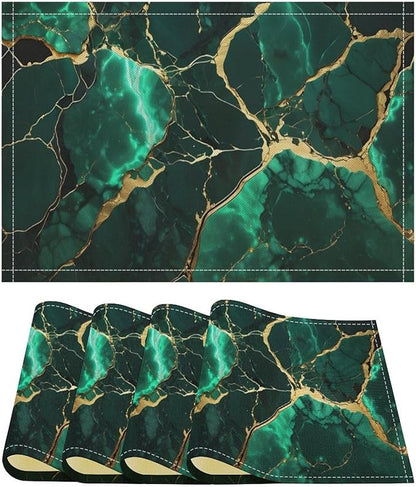 Marble Linen Placemats Set of 4, Modern Luxury Foil Texture Hunter Green White Gold Marble Washable Cloth Place Mats, Non-Slip Dining Table Placemats for Home Kitchen Party Banquets Decor 12x17 Inch