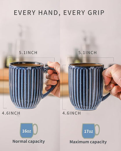 HASENSE 16 oz Ceramic Coffee Mugs Set of 4, Ribbed Navy Blue Coffee & Tea Cups - Image 4