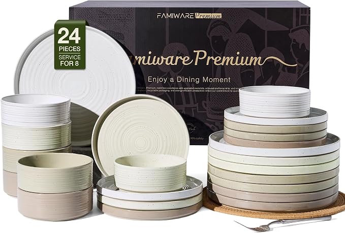 Dinnerware Set for 8, Ceramic Plates & Bowls by FamiwarePremium